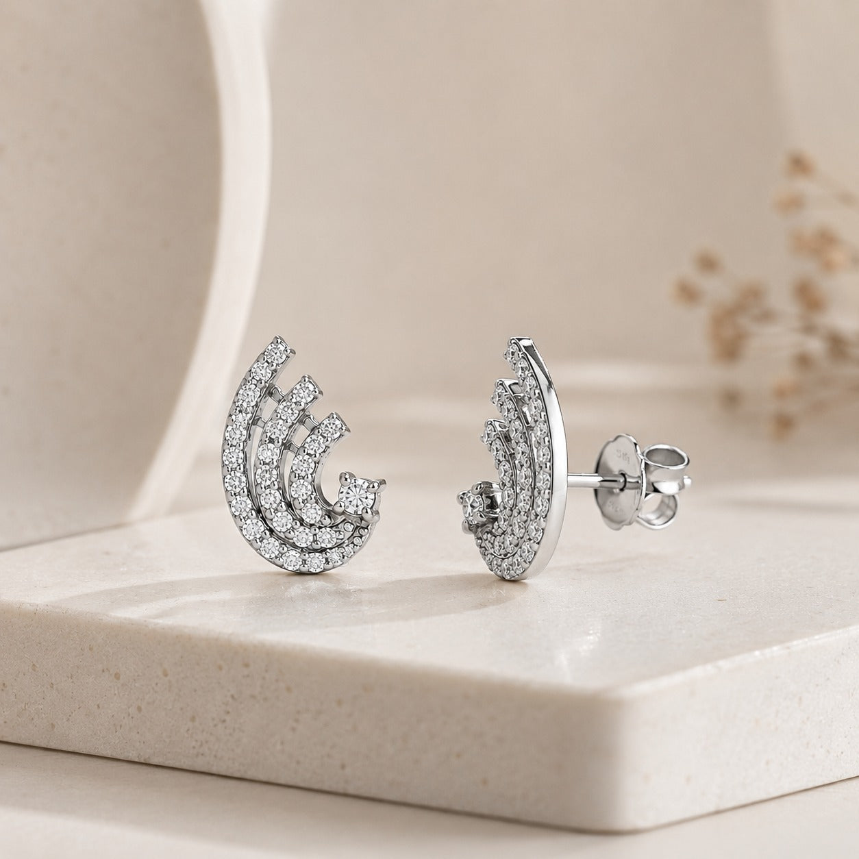 Celestial Curve Crystal Earrings – Silver Luxe Edition