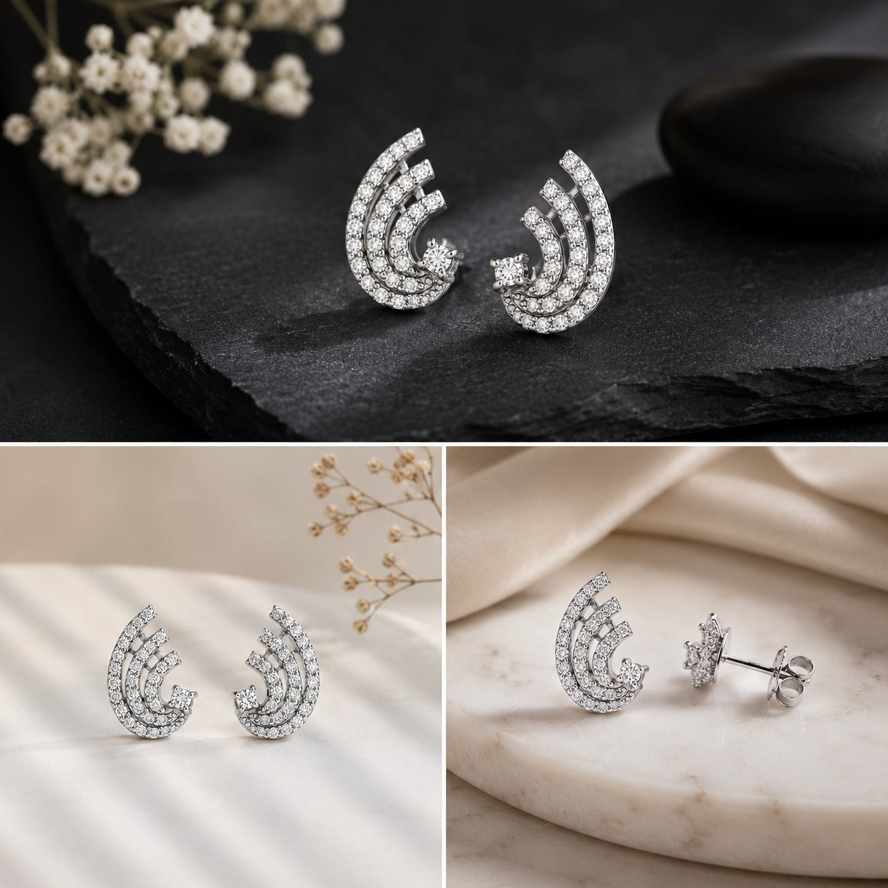Celestial Curve Crystal Earrings – Silver Luxe Edition