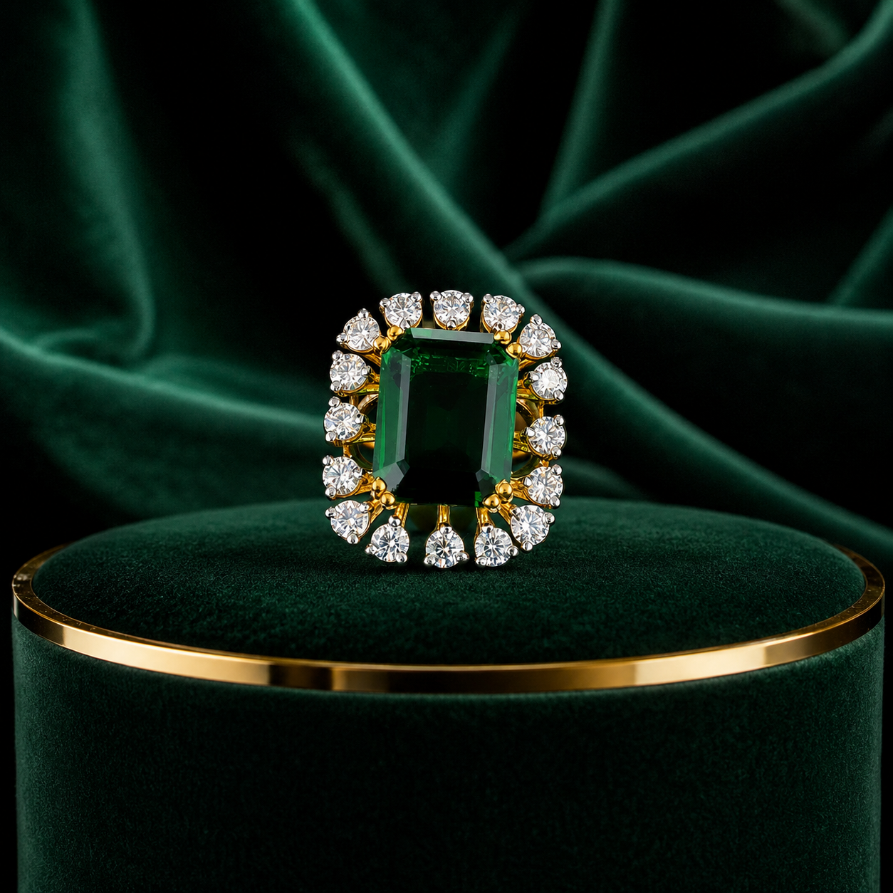 Vintage Emerald Cut Green Gemstone Halo Ring