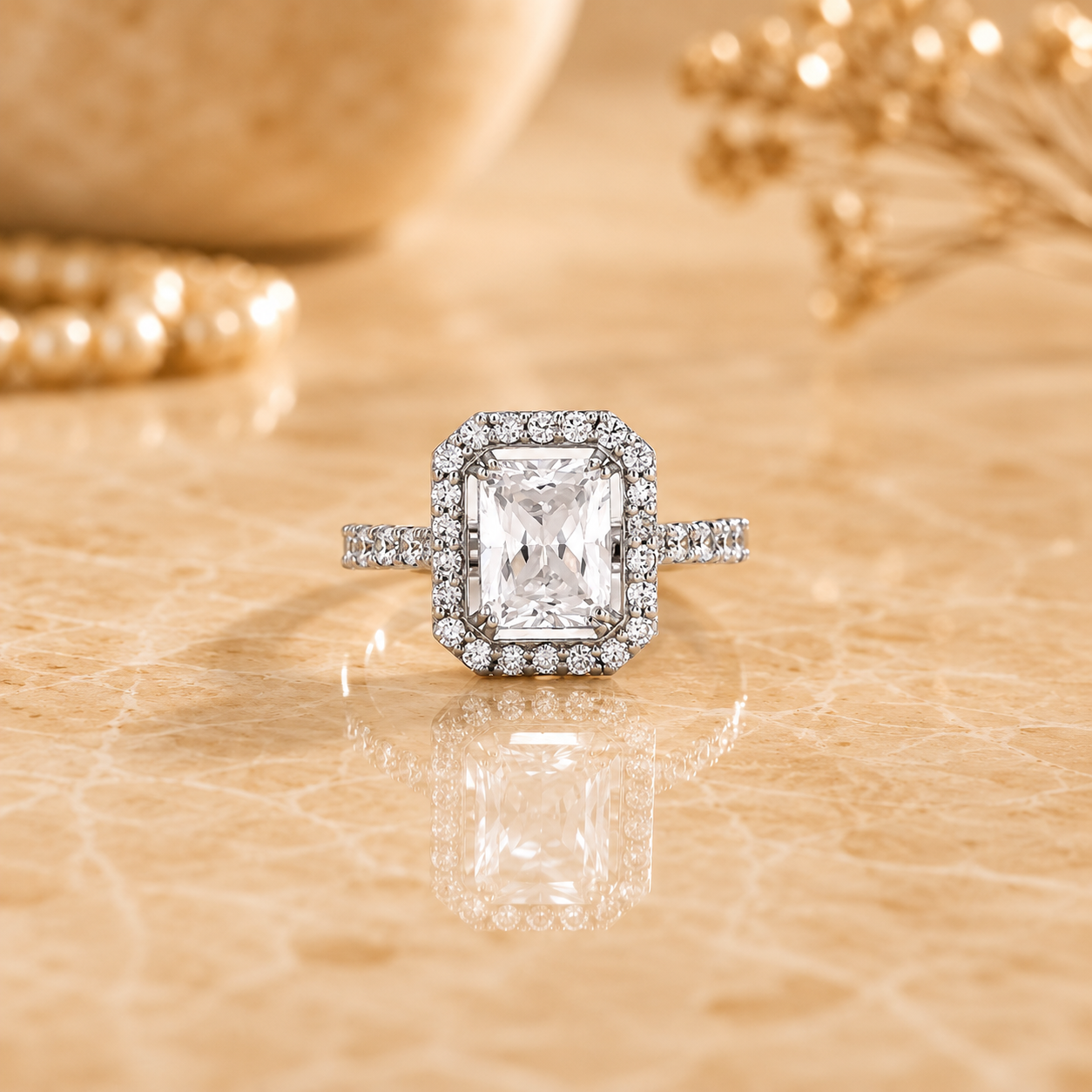 Emerald-Cut Halo Solitaire Ring