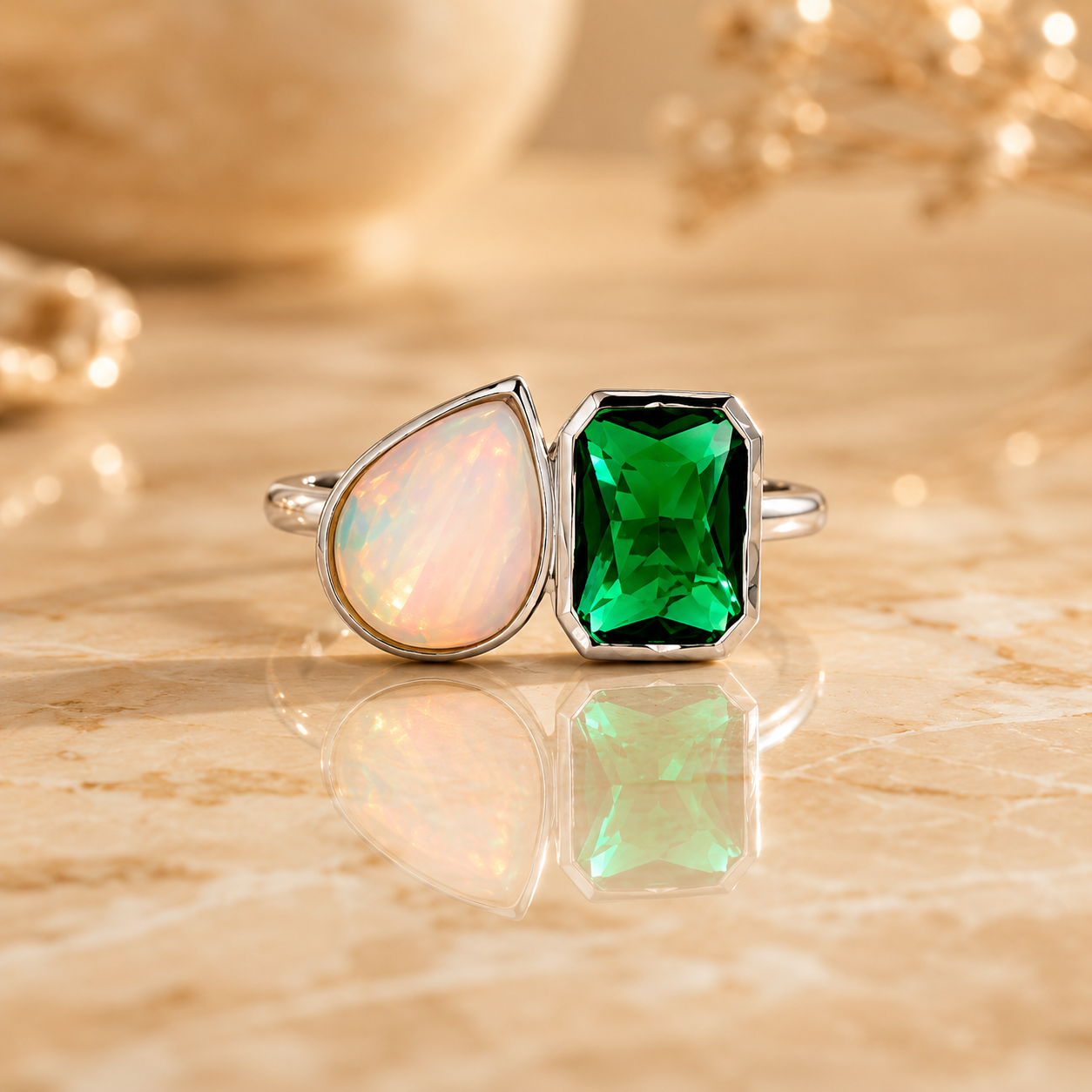 Opal & Emerald Dual Stone Open Ring