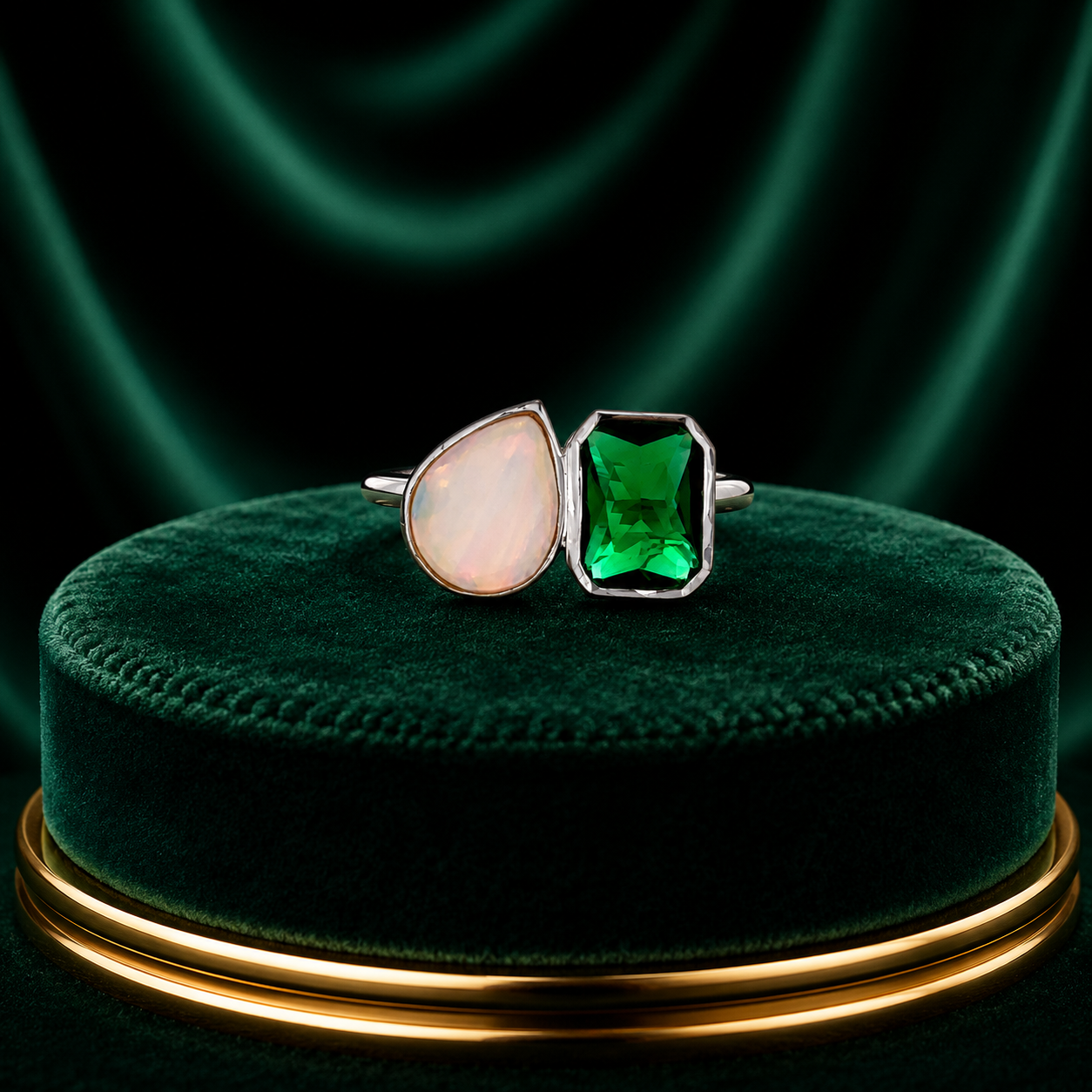 Opal & Emerald Dual Stone Open Ring
