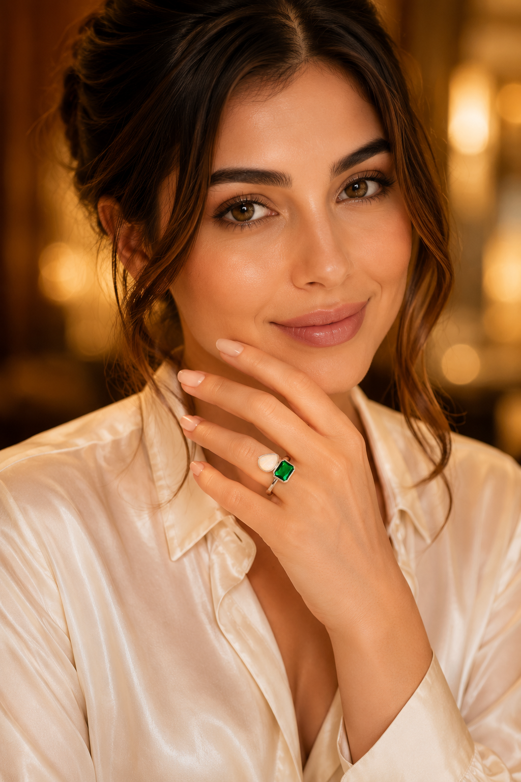 Opal & Emerald Dual Stone Open Ring