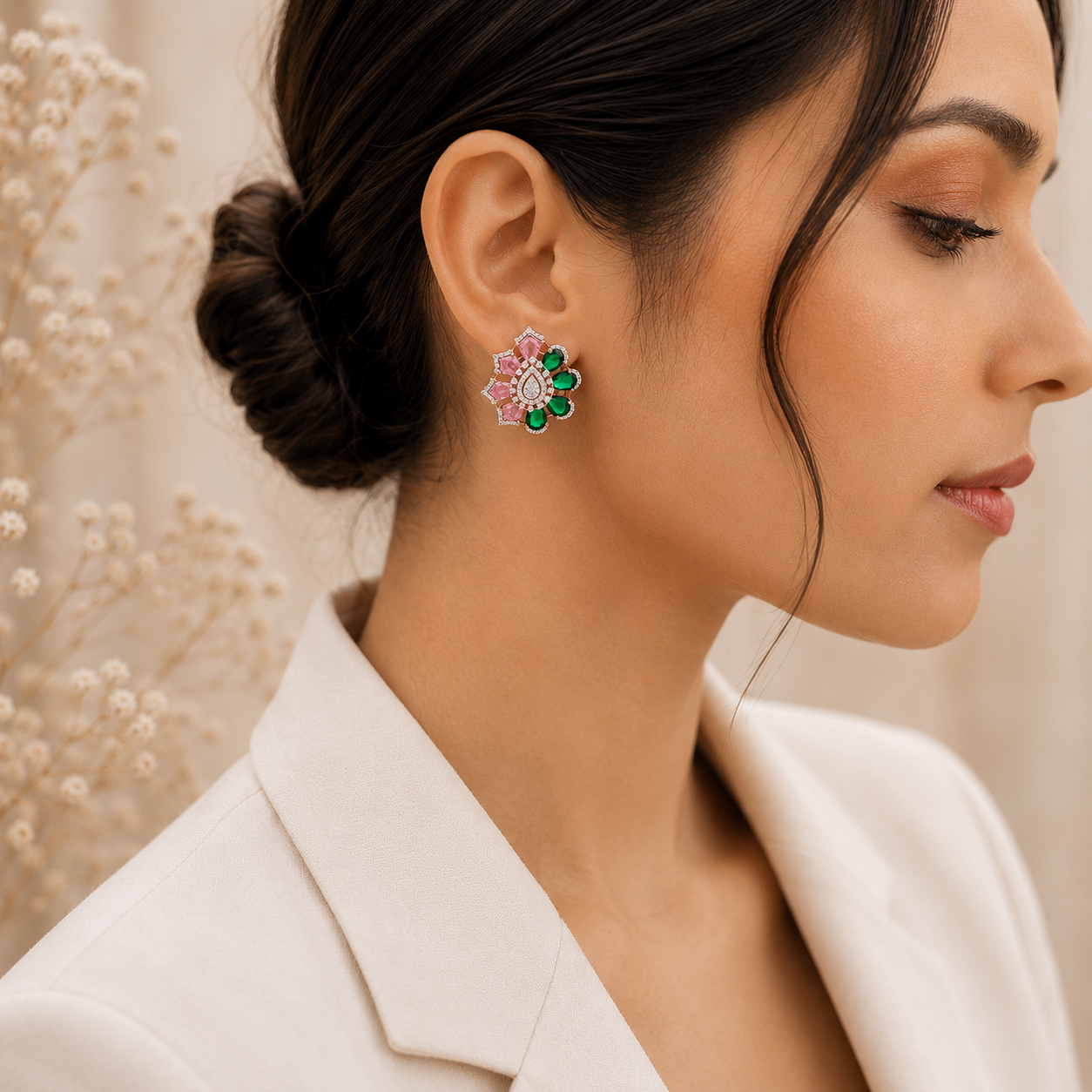 Emerald Blush Petal Crystal Stud Earrings