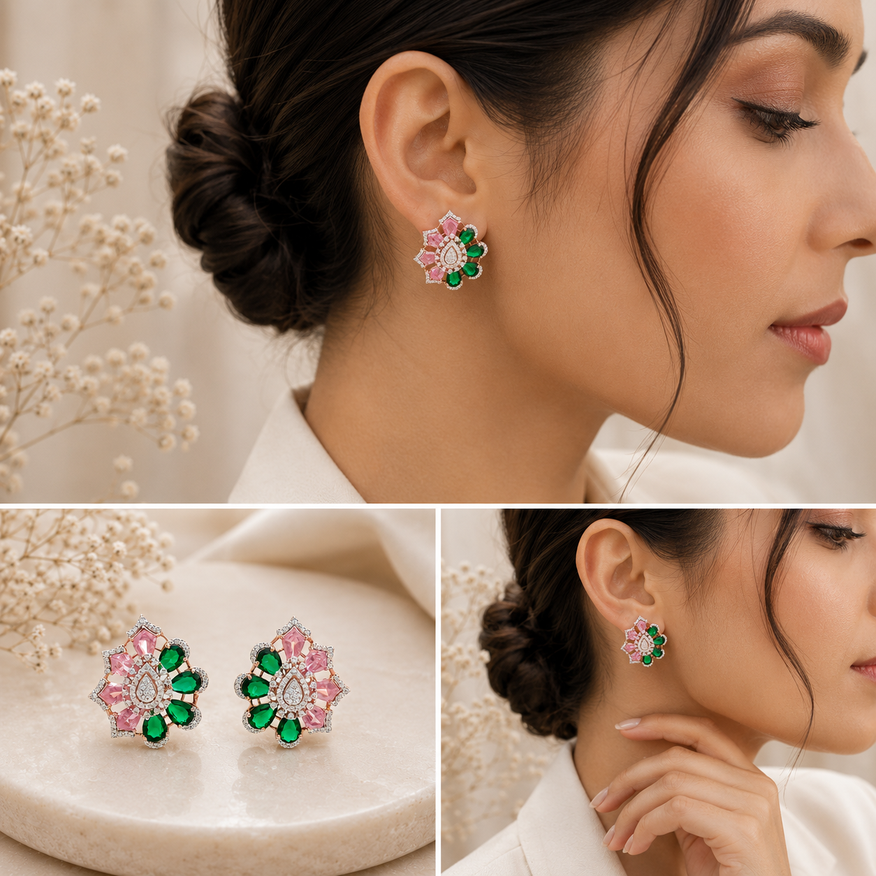 Emerald Blush Petal Crystal Stud Earrings