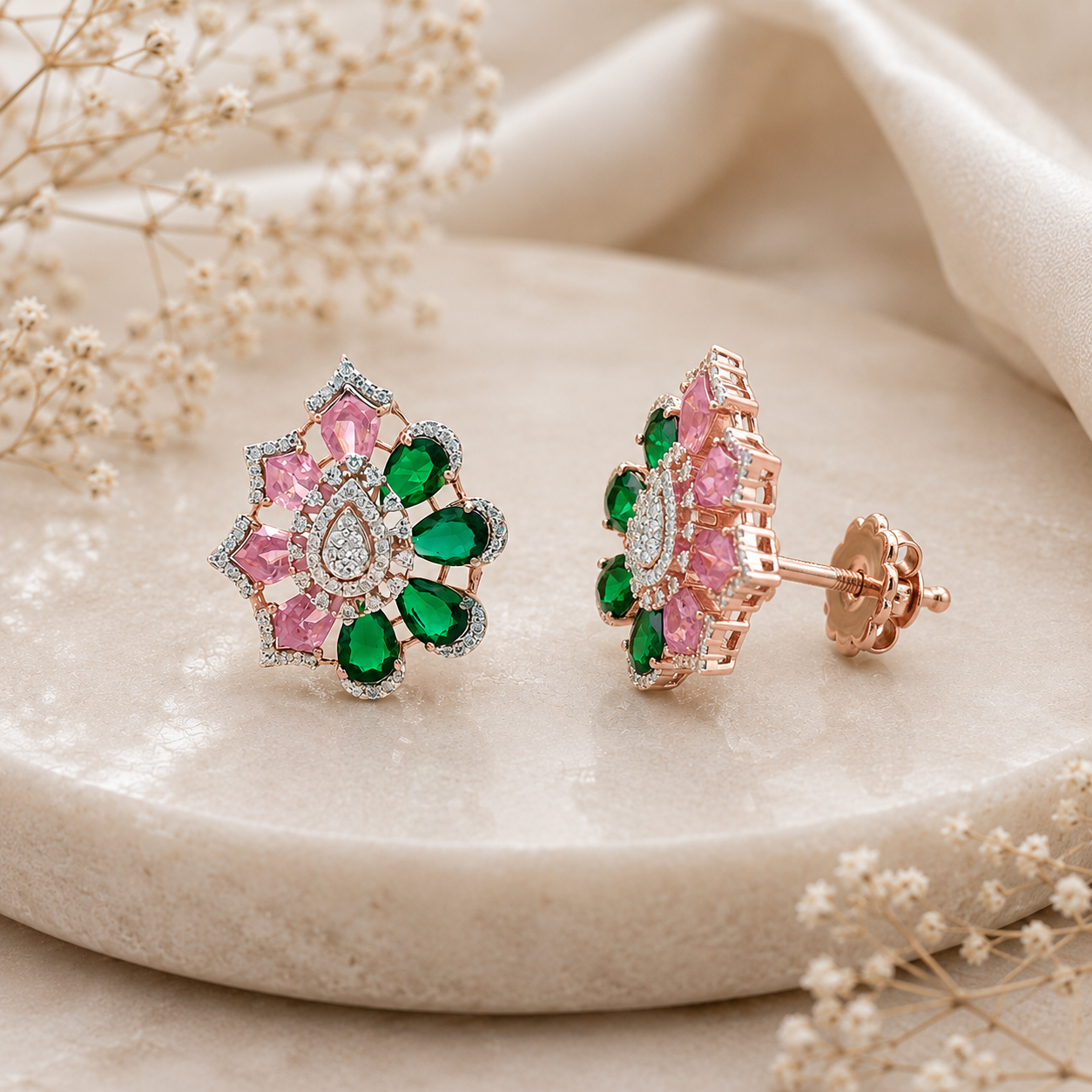 Emerald Blush Petal Crystal Stud Earrings