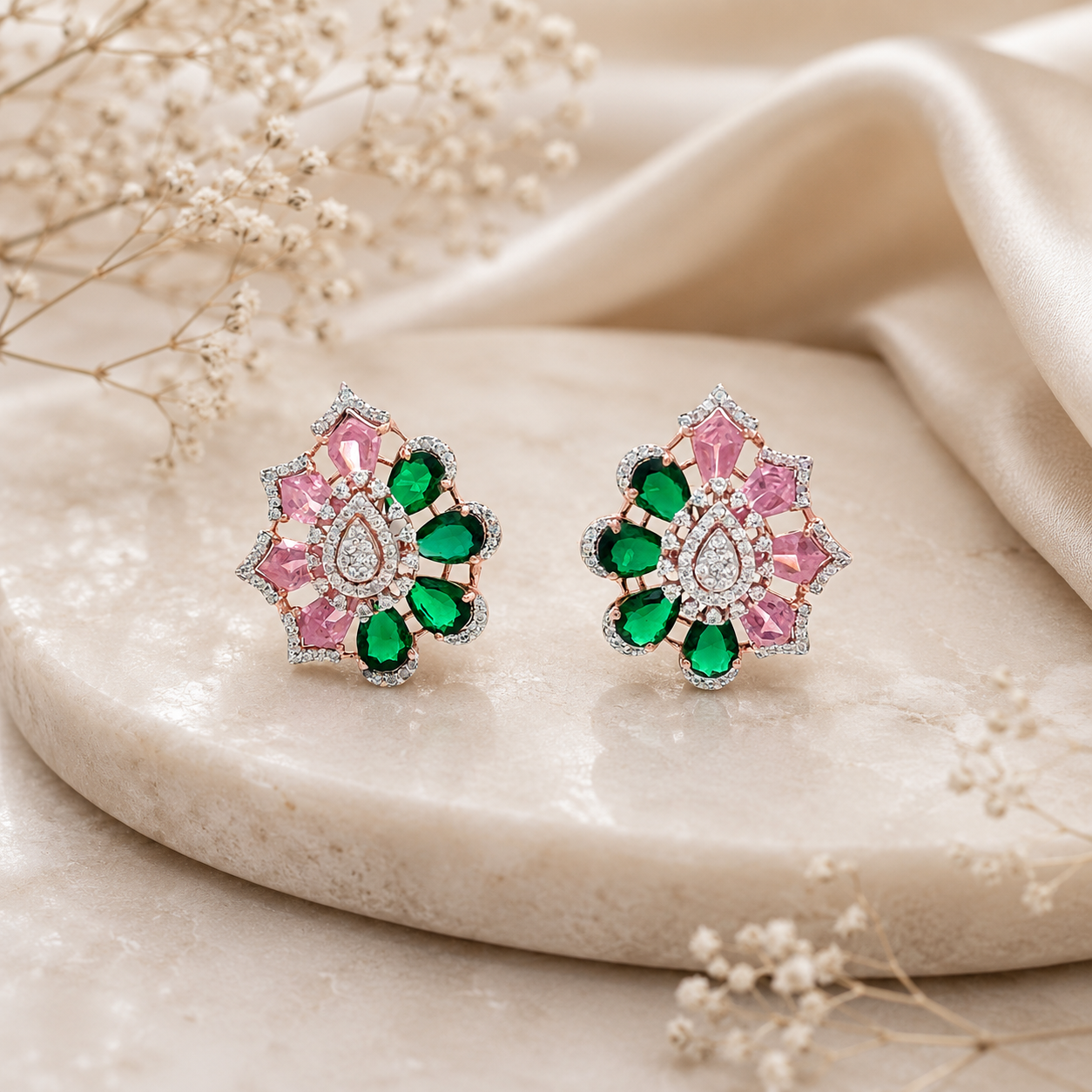 Emerald Blush Petal Crystal Stud Earrings