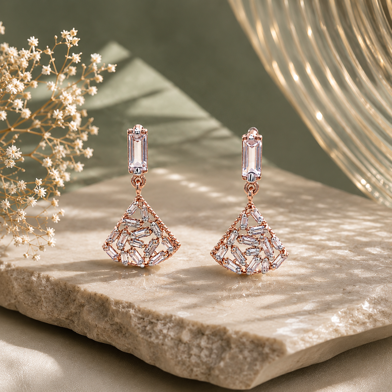 Rose Gold Crystal Fan Drop Earrings