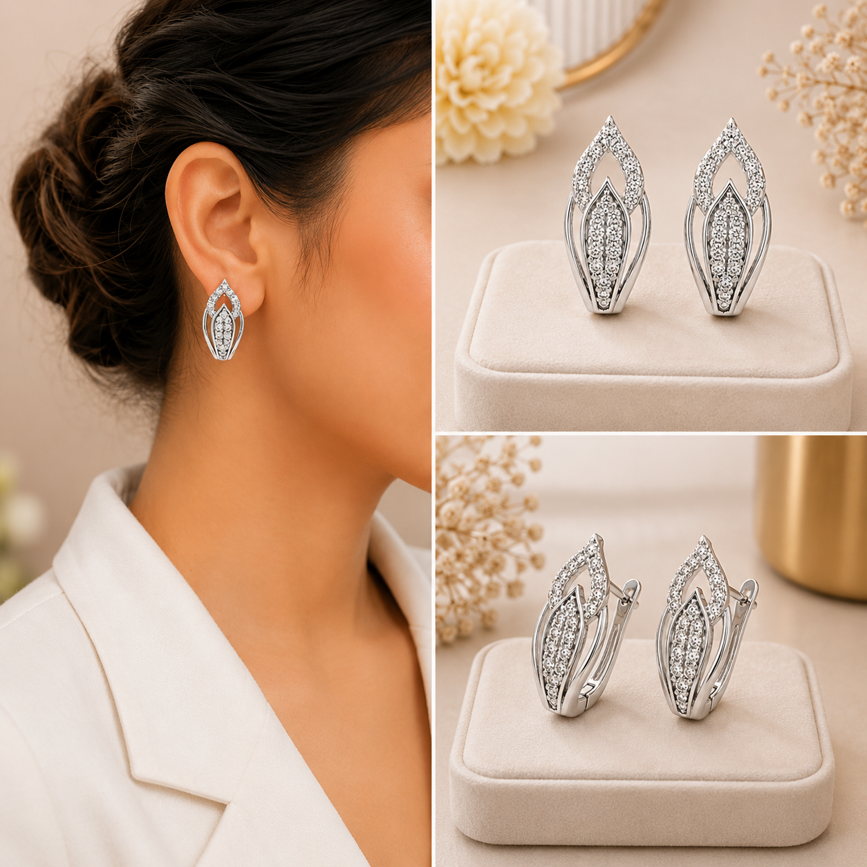 Golden Crystal Leaf Stud Earrings