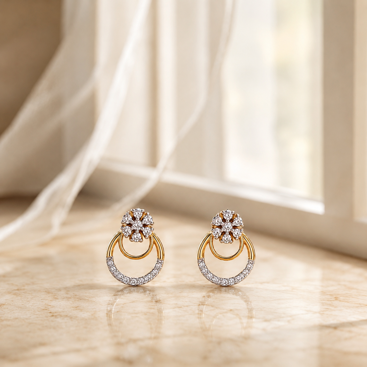 Crystal Flower Drop Hoop Studs
