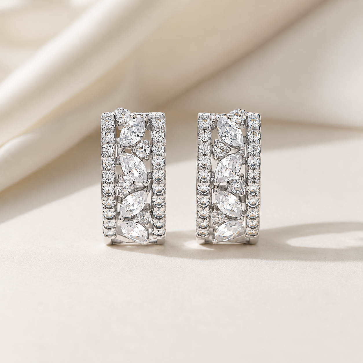 Elegant Crystal Floral Stud Earrings – Rectangular Halo Design