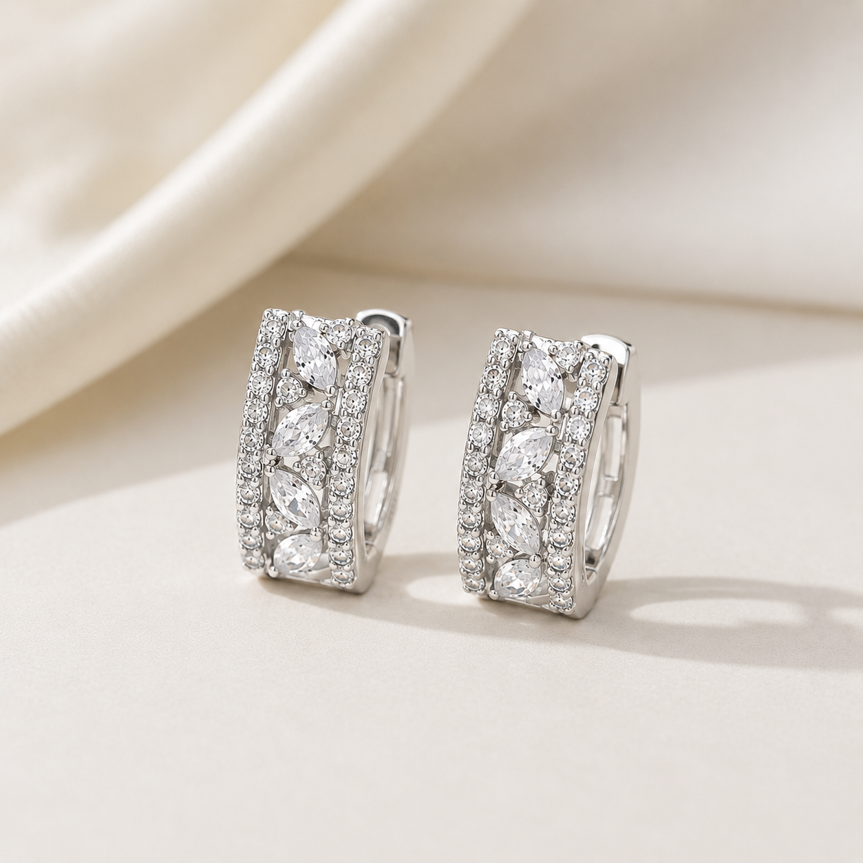 Elegant Crystal Floral Stud Earrings – Rectangular Halo Design