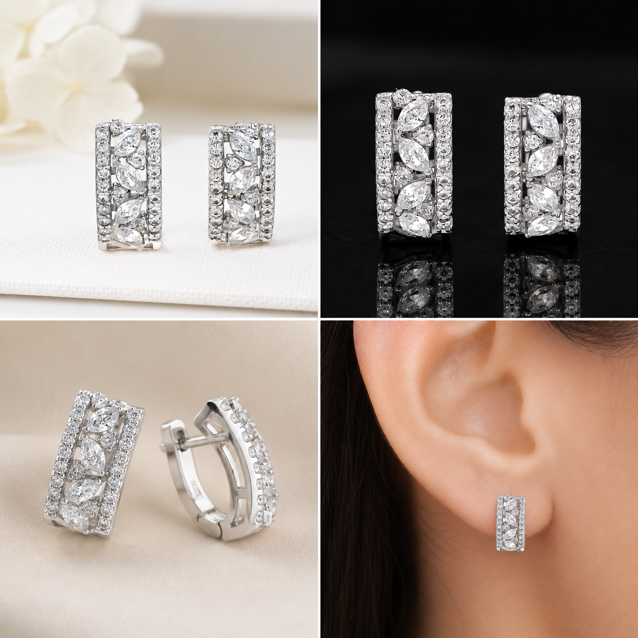 Elegant Crystal Floral Stud Earrings – Rectangular Halo Design