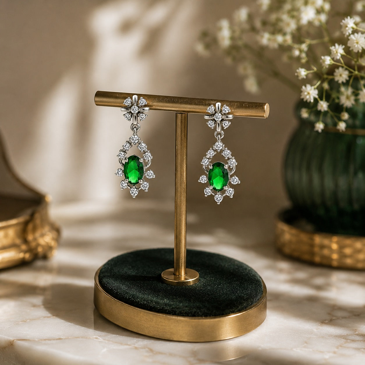 Emerald Bloom Diamond Drop Earrings
