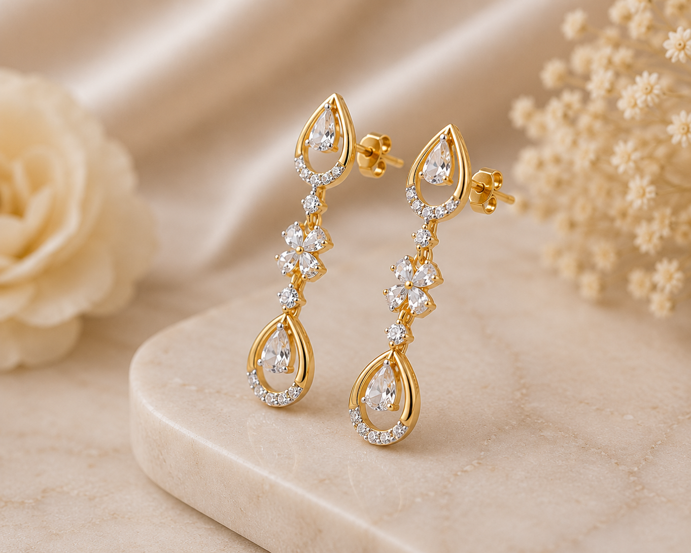 Floral Dewdrop Crystal Dangle Earrings