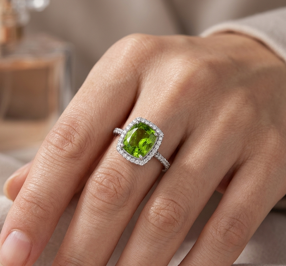 Green Gemstone Halo Silver Ring