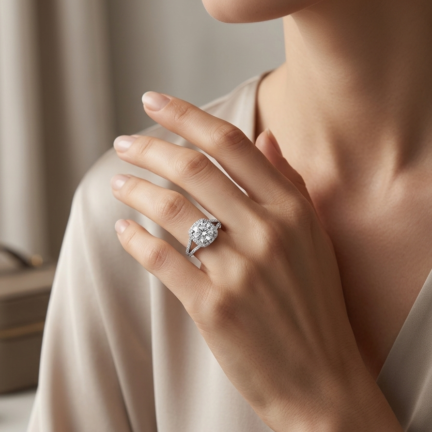 Classic Round Diamond Halo Split Shank Silver Ring