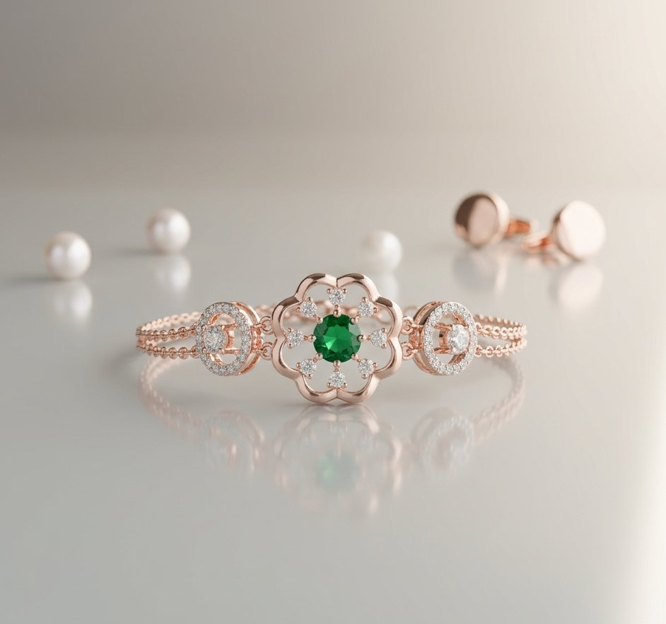 Rose Gold Floral Emerald Bracelet