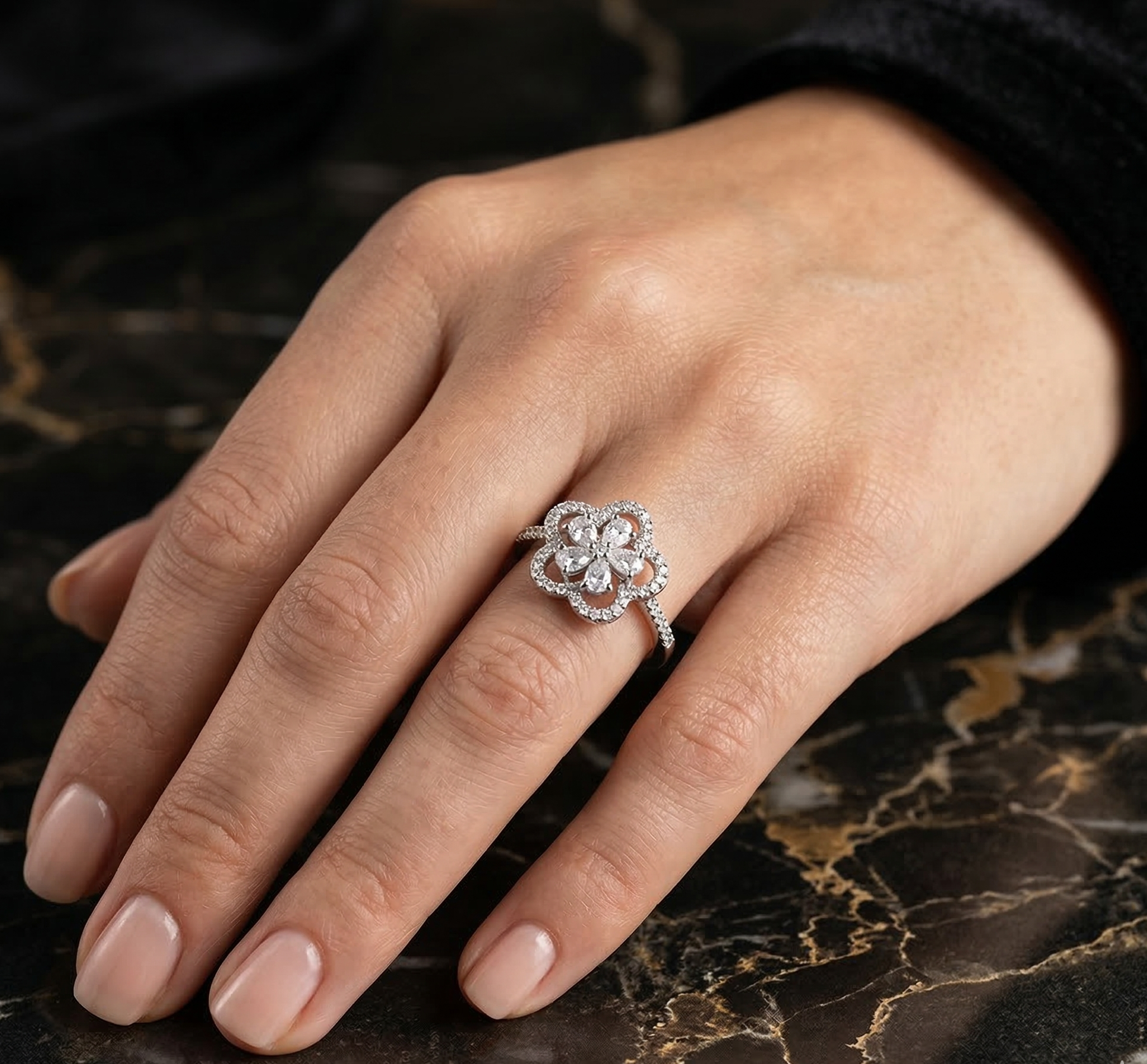 Elegant Floral Diamond Design Silver Ring