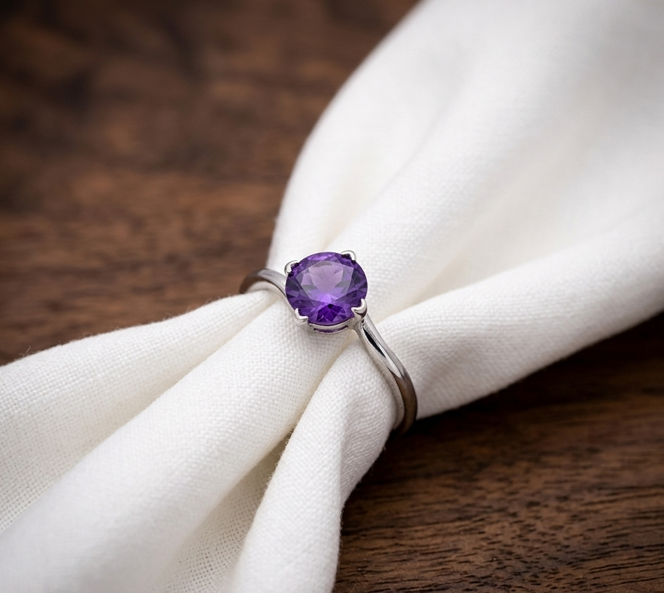 Classic Round Purple Gemstone Solitaire Silver Ring