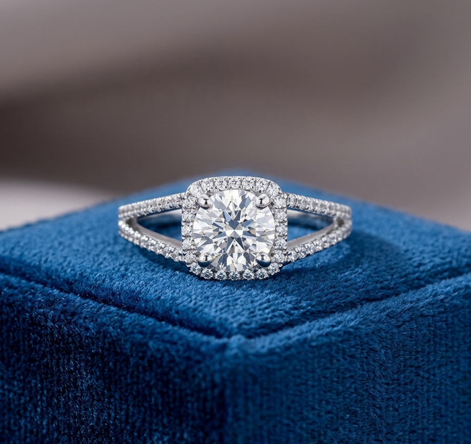 Classic Round Diamond Halo Split Shank Silver Ring