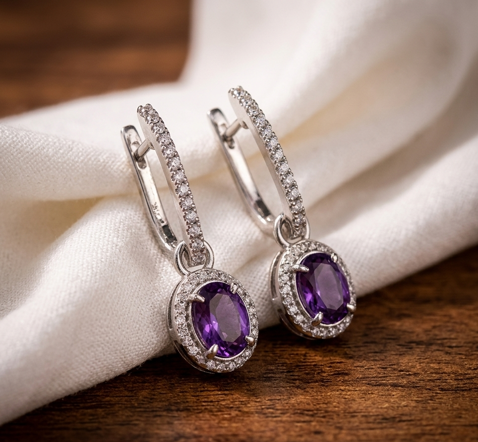 Amethyst Glow Diamond Drop Earrings