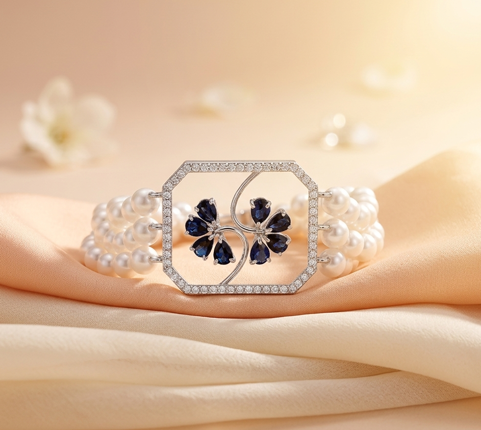 Pearl Blue Floral Statement Bracelet