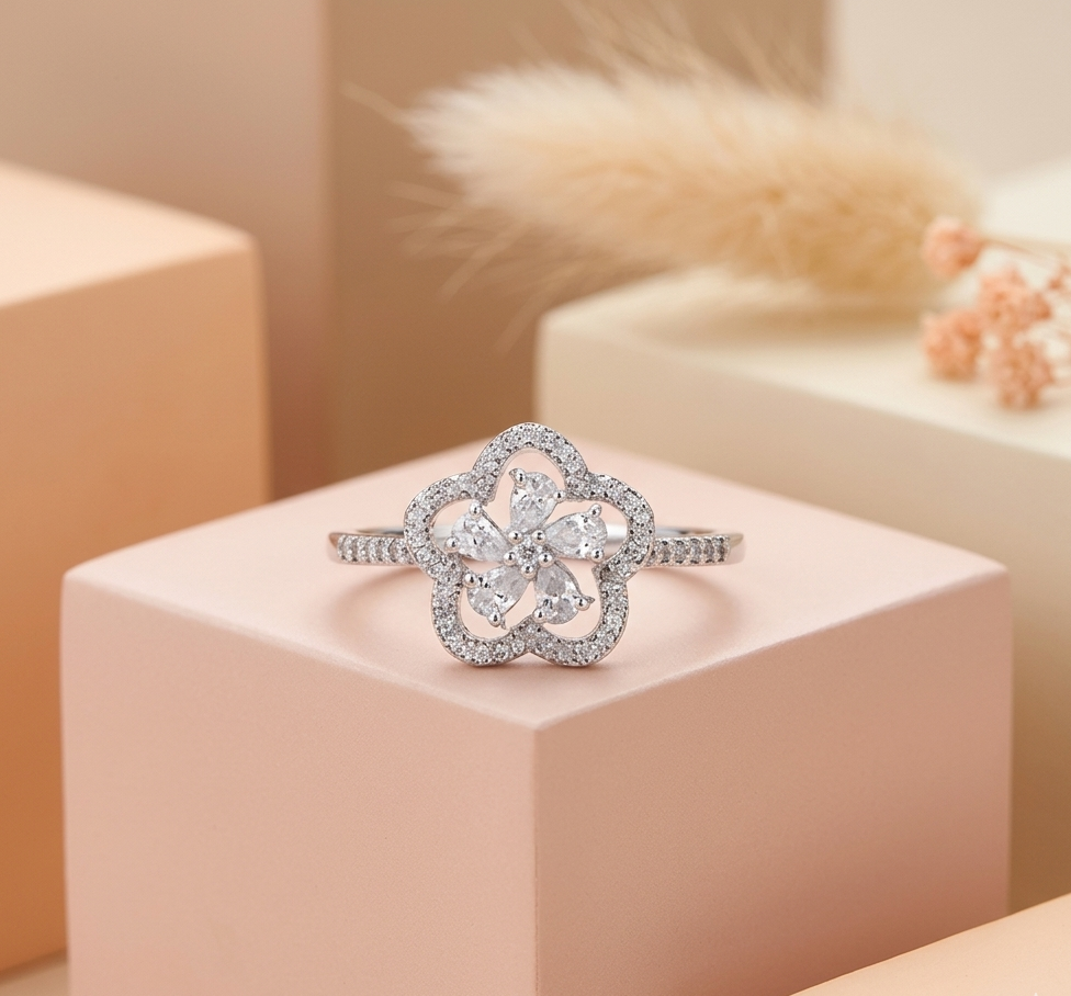 Elegant Floral Diamond Design Silver Ring