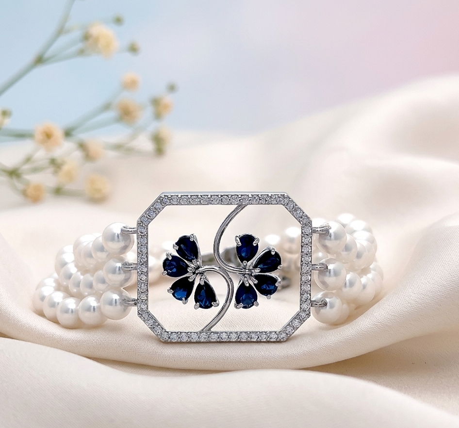 Pearl Blue Floral Statement Bracelet