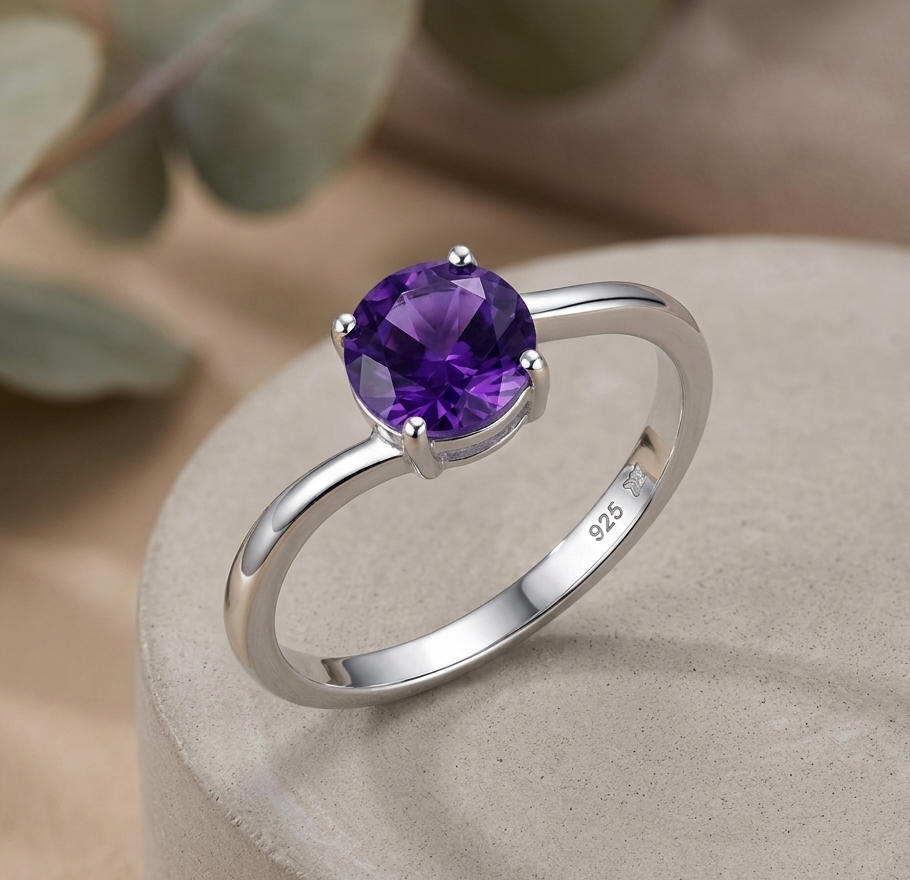 Classic Round Purple Gemstone Solitaire Silver Ring