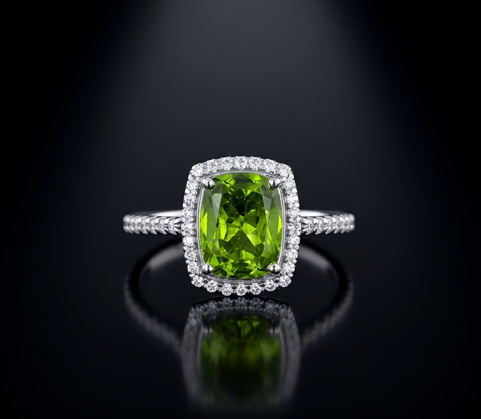 Green Gemstone Halo Silver Ring