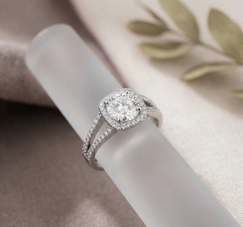 Classic Round Diamond Halo Split Shank Silver Ring