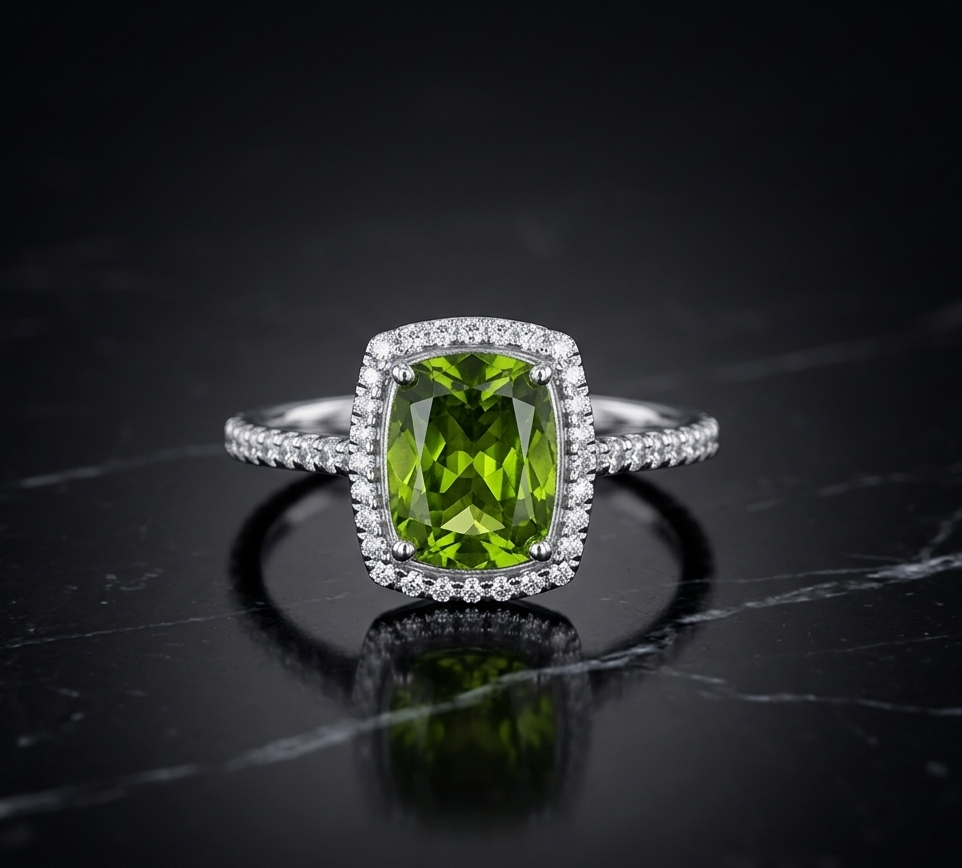 Green Gemstone Halo Silver Ring