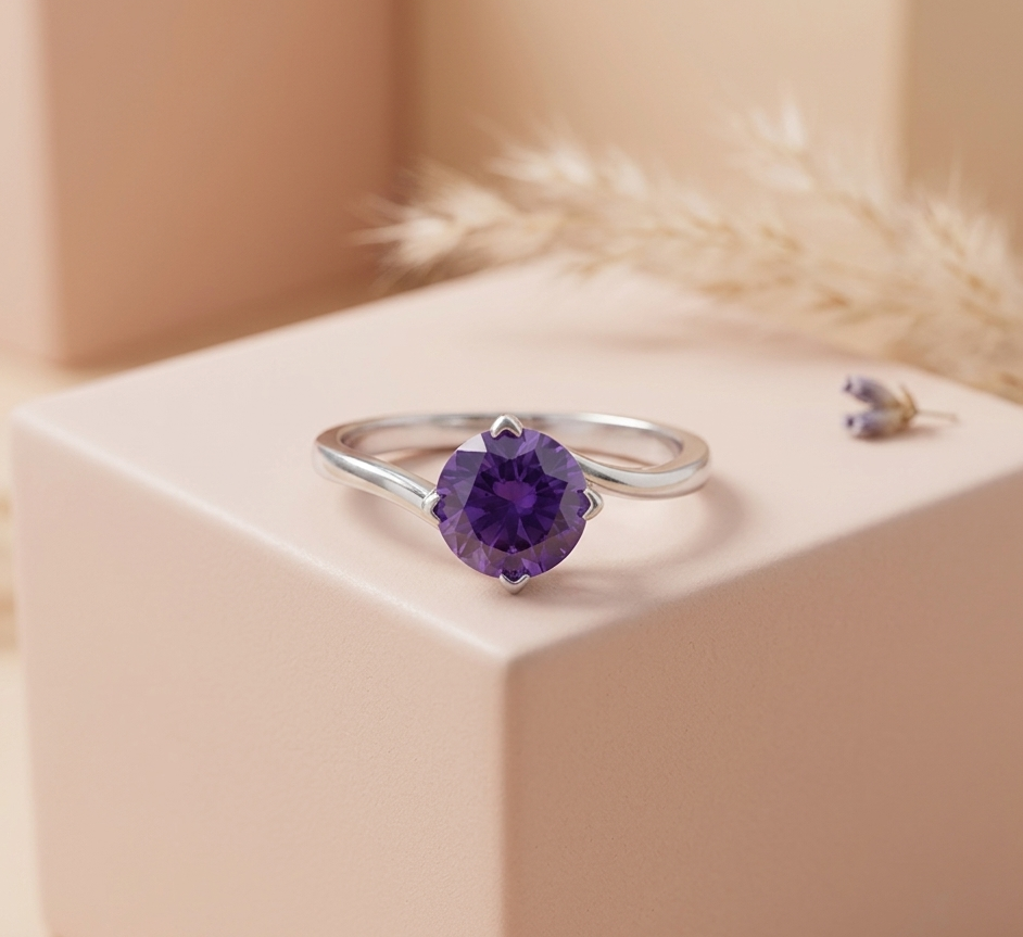 Classic Round Purple Gemstone Solitaire Silver Ring