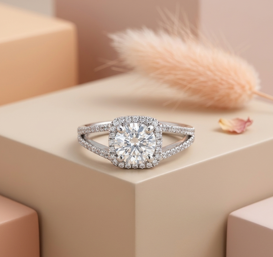 Classic Round Diamond Halo Split Shank Silver Ring