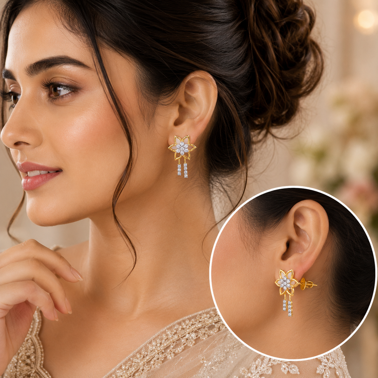 Golden Blossom Diamond Drop Earrings