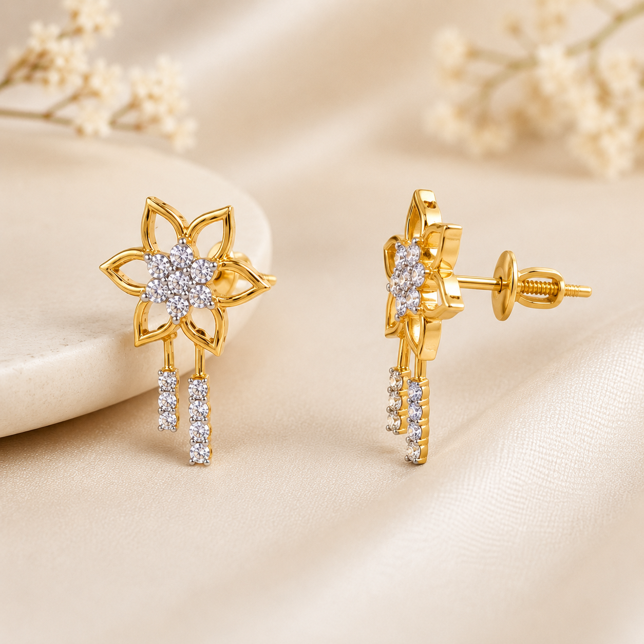 Golden Blossom Diamond Drop Earrings