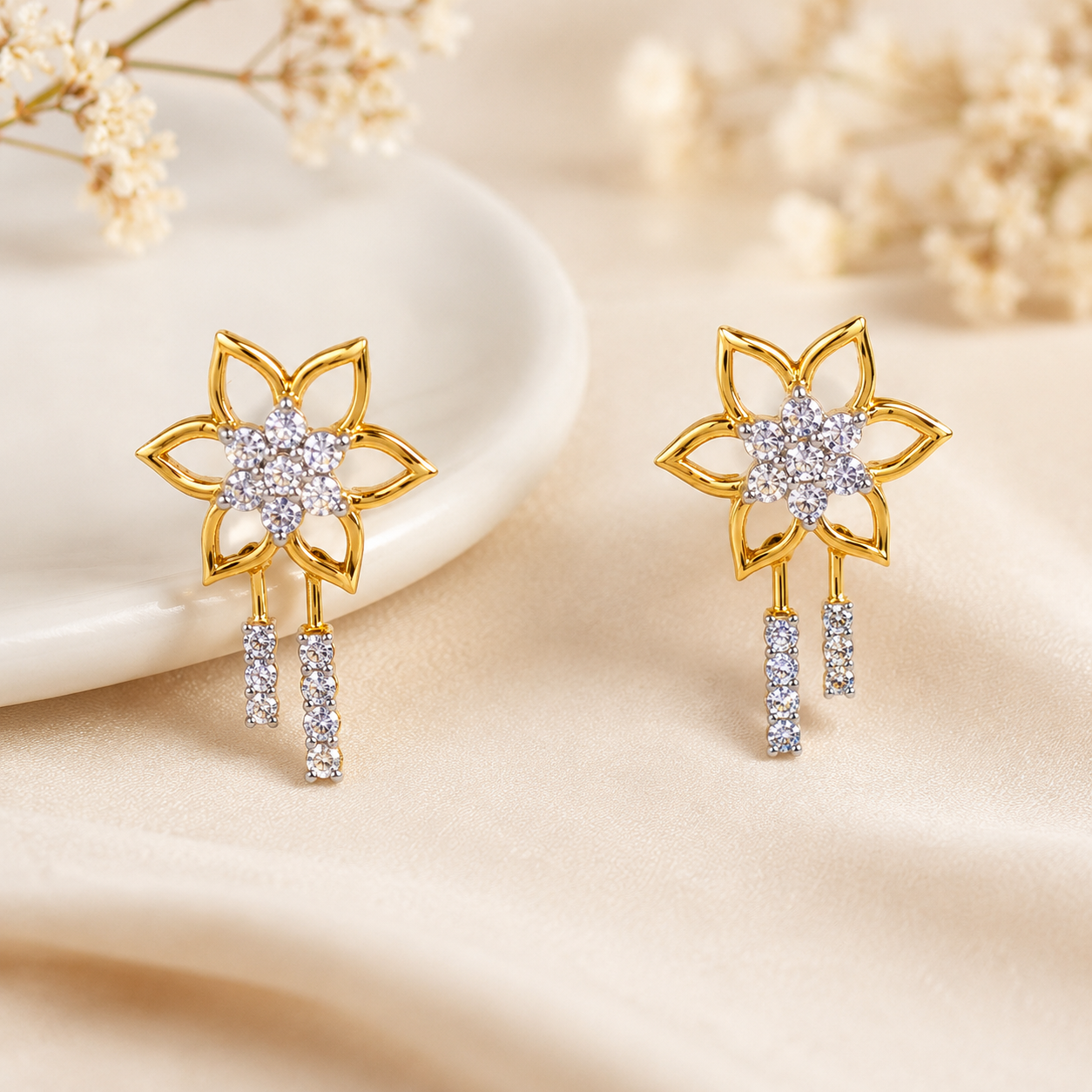 Golden Blossom Diamond Drop Earrings
