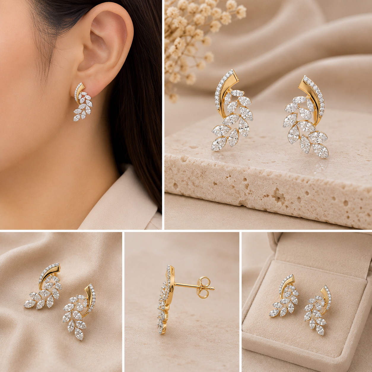 Golden Ribbon Crystal Leaf Stud Earrings