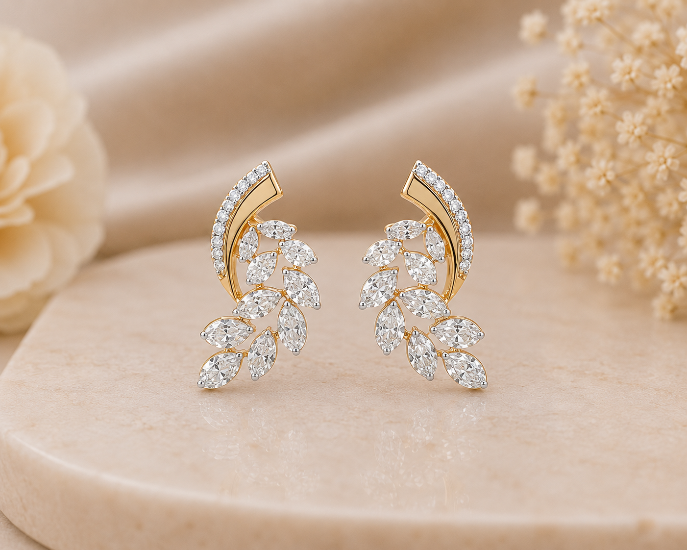 Golden Ribbon Crystal Leaf Stud Earrings