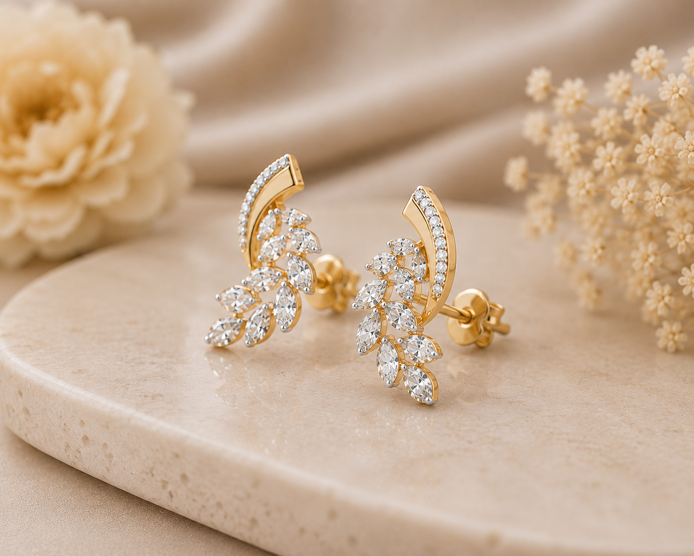 Golden Ribbon Crystal Leaf Stud Earrings