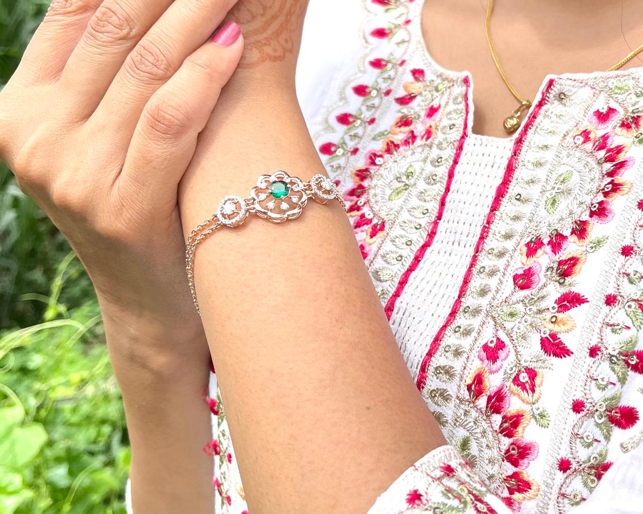 Rose Gold Floral Emerald Bracelet