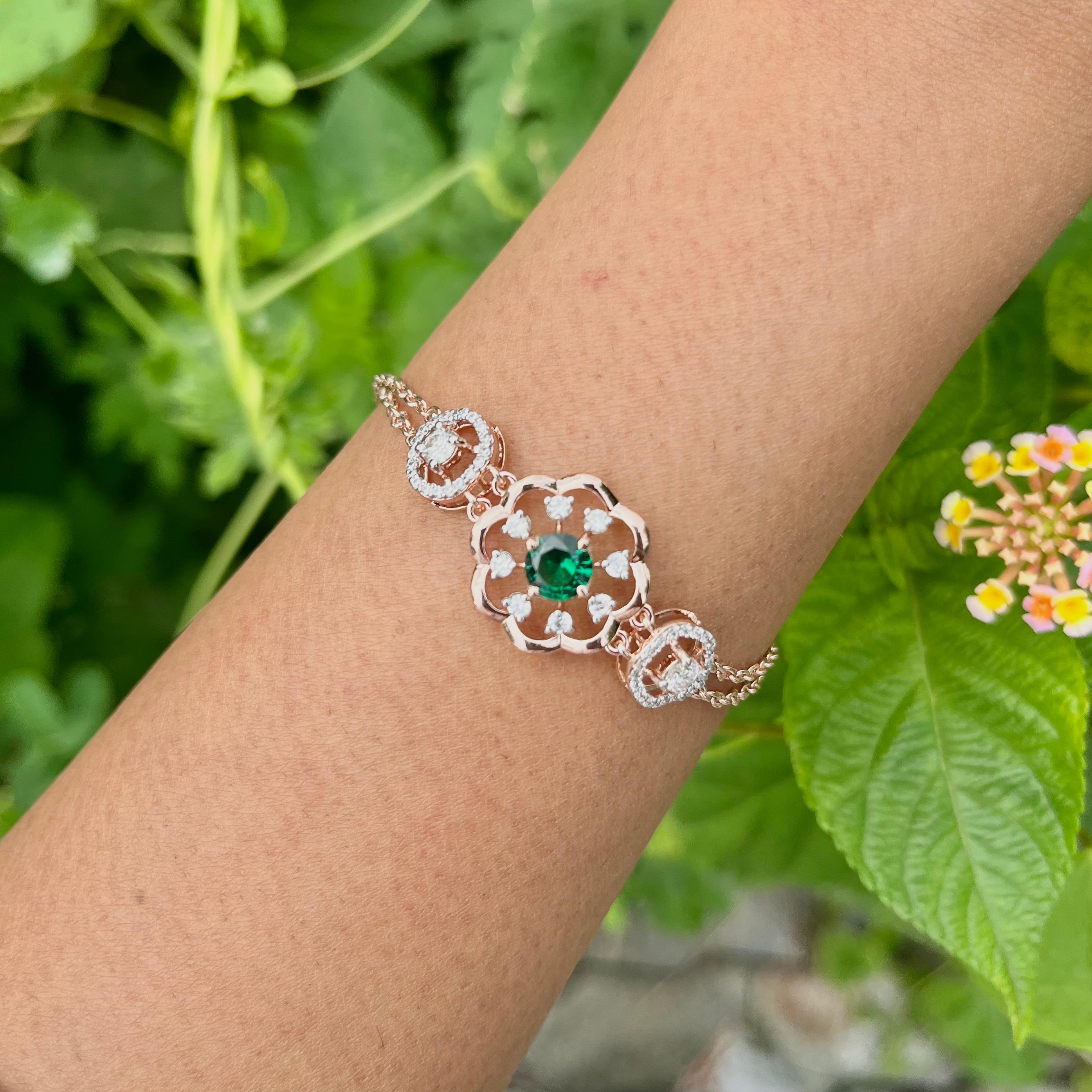 Rose Gold Floral Emerald Bracelet