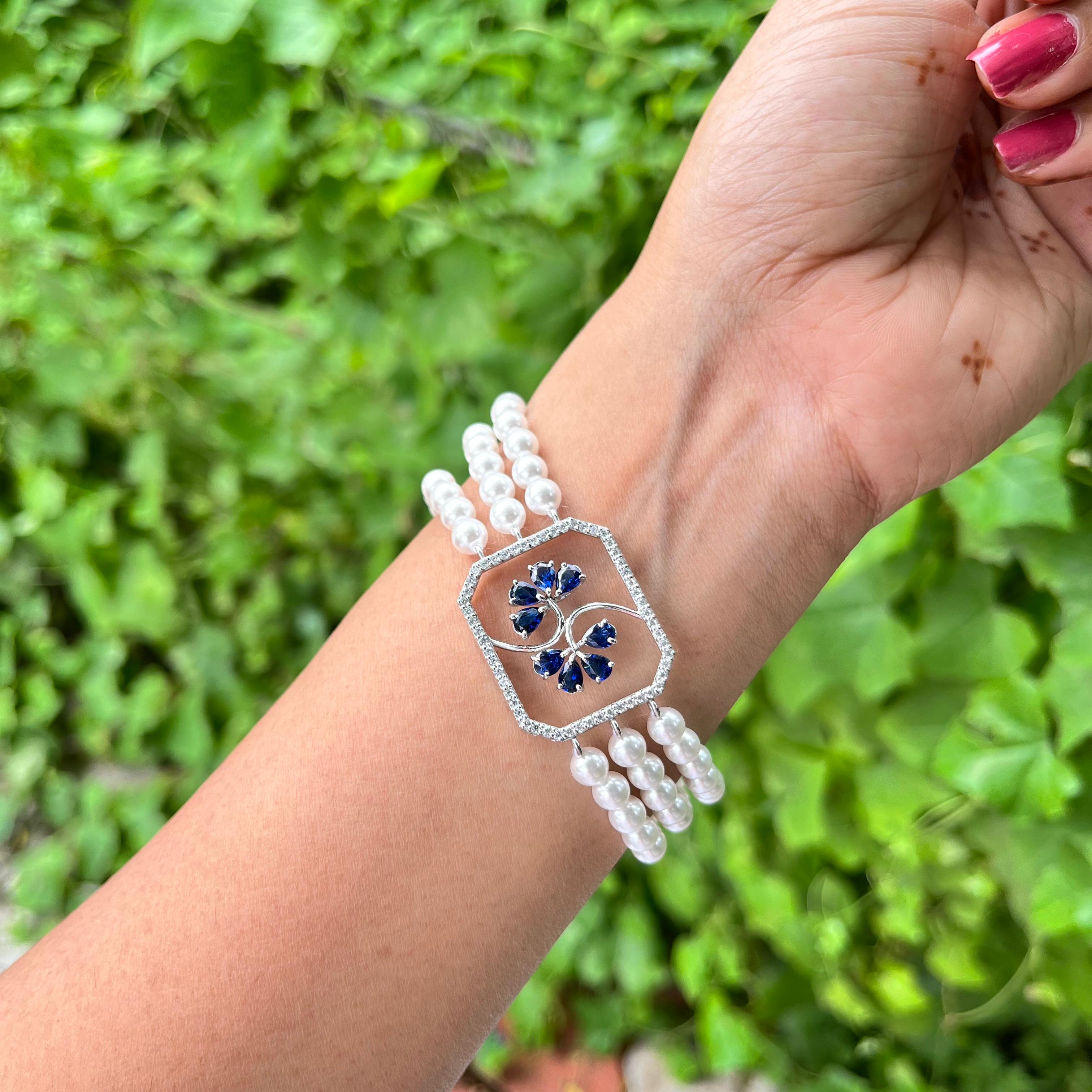 Pearl Blue Floral Statement Bracelet