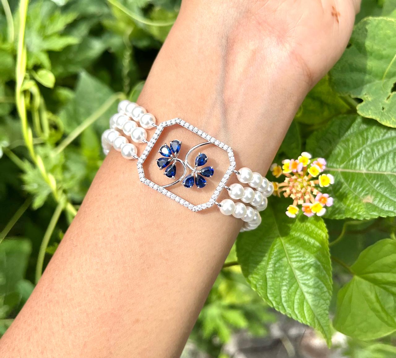 Pearl Blue Floral Statement Bracelet
