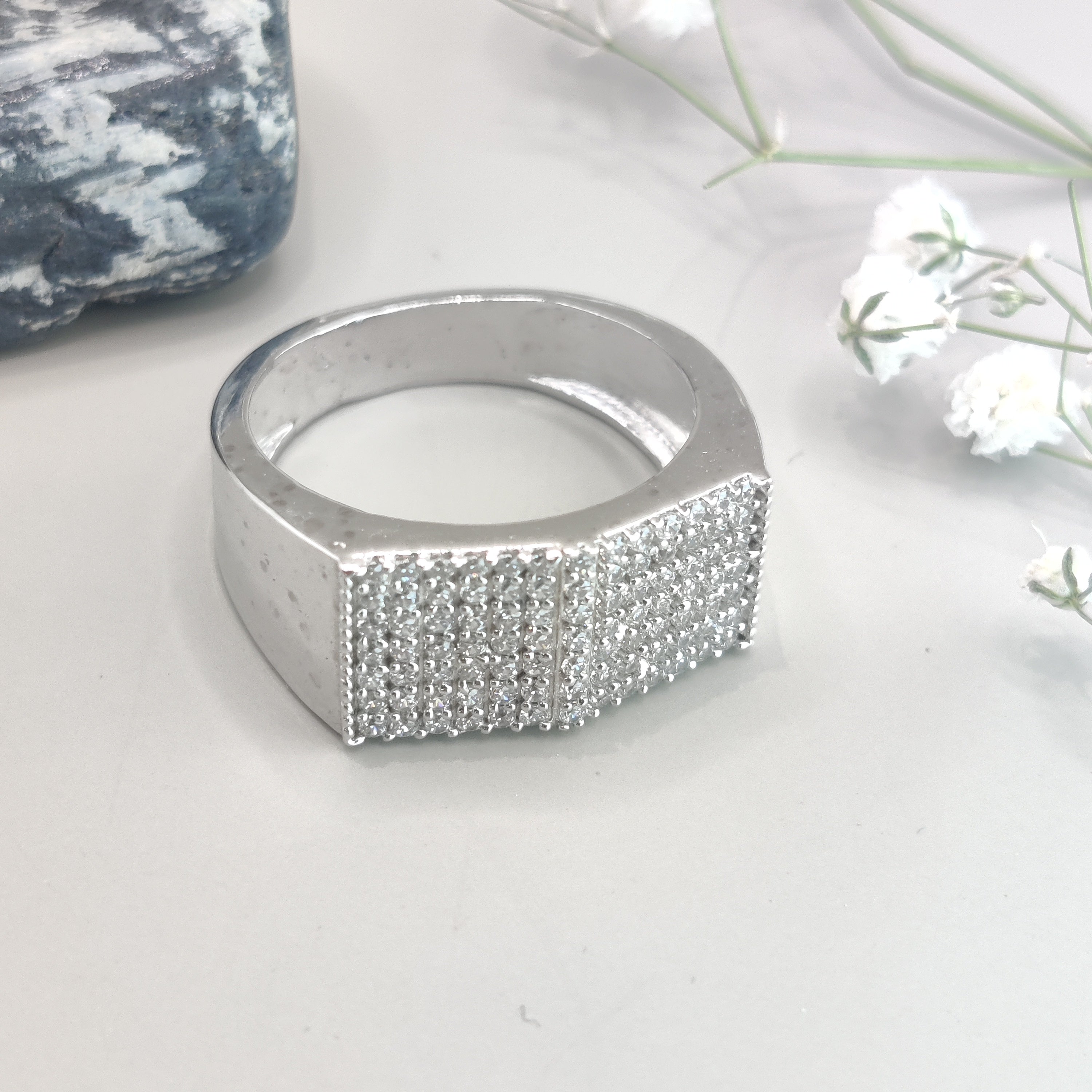 Round Brilliant CZ Square Sterling Silver Ring