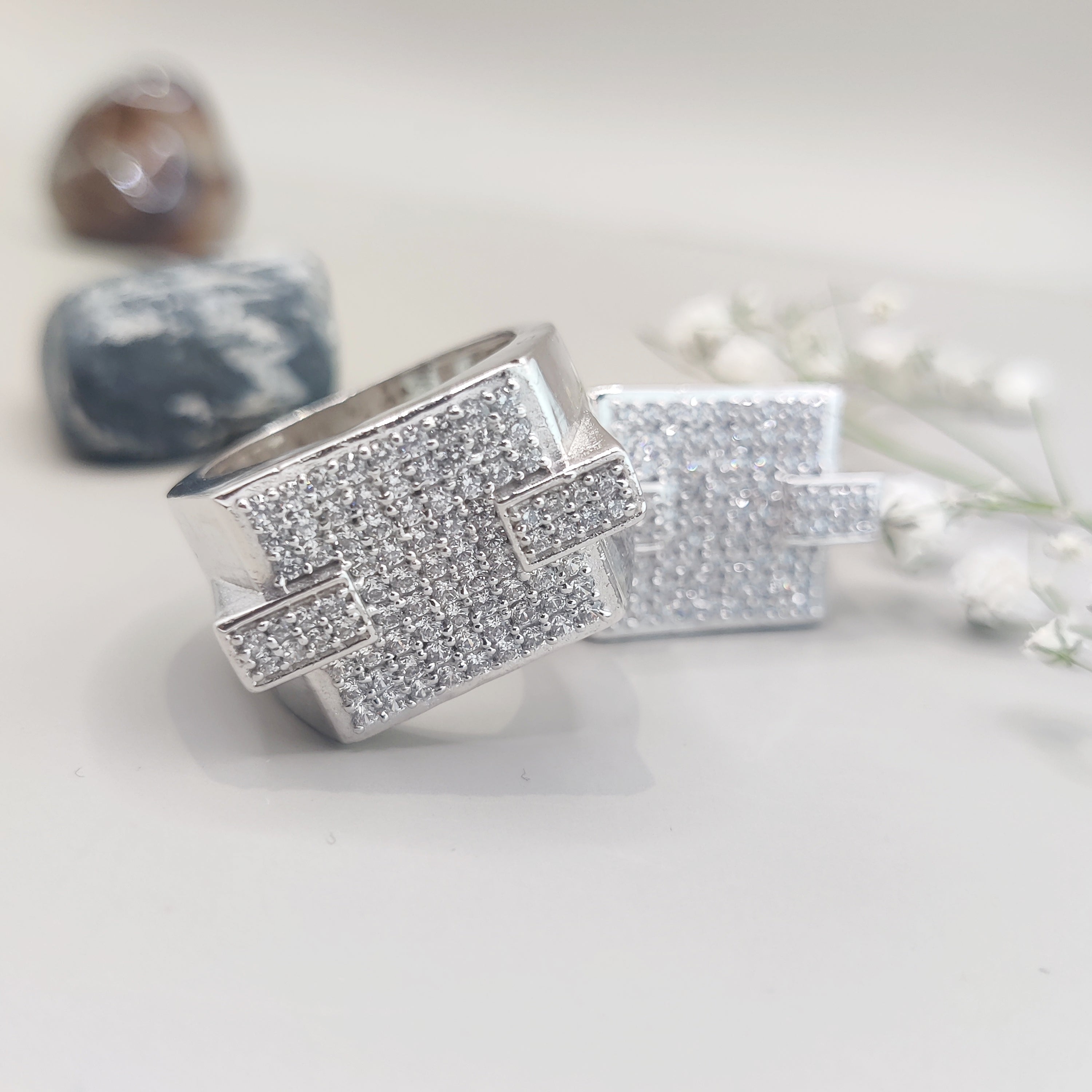 Sparkling CZ Stone Rectangular Sterling Silver Ring