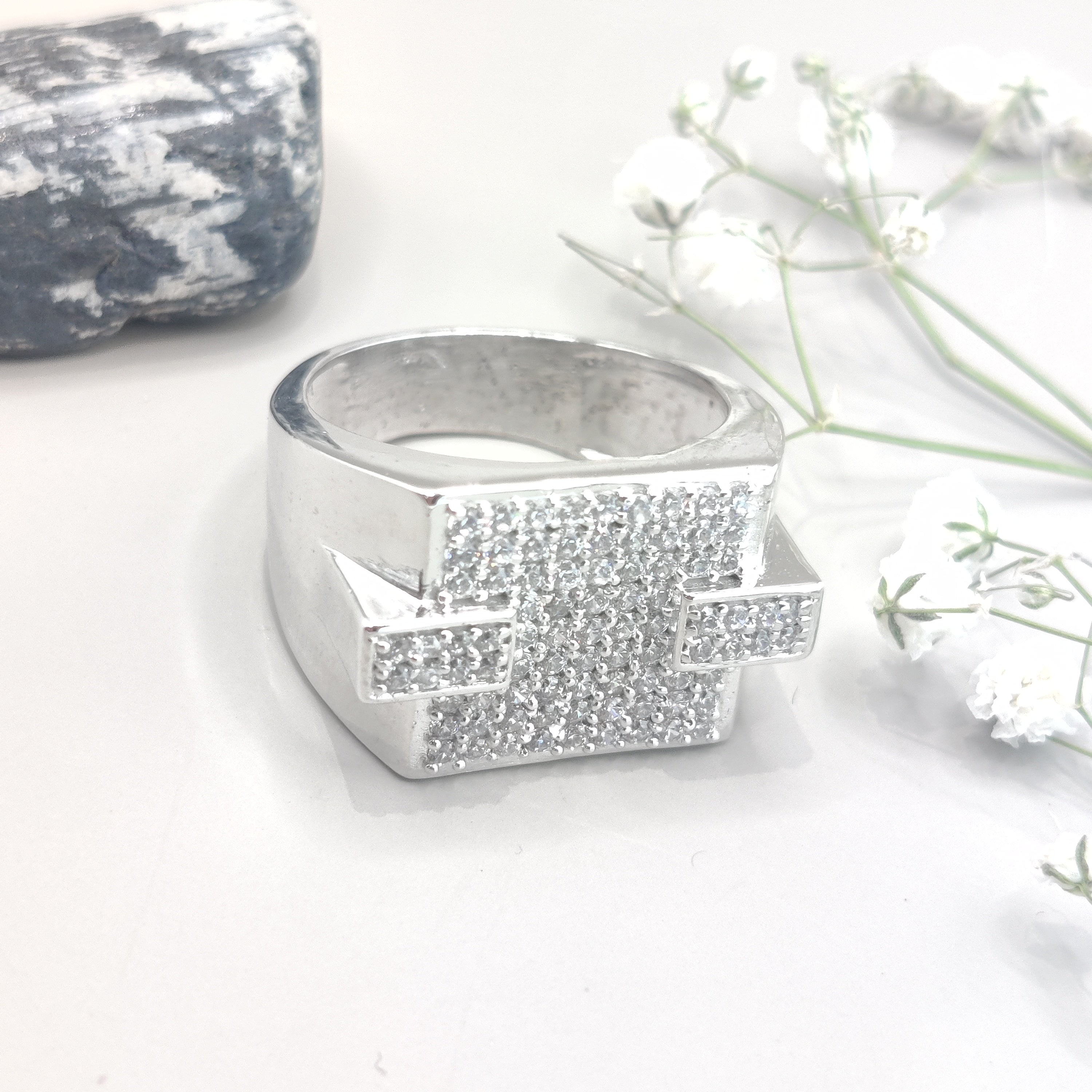 Sparkling CZ Stone Rectangular Sterling Silver Ring