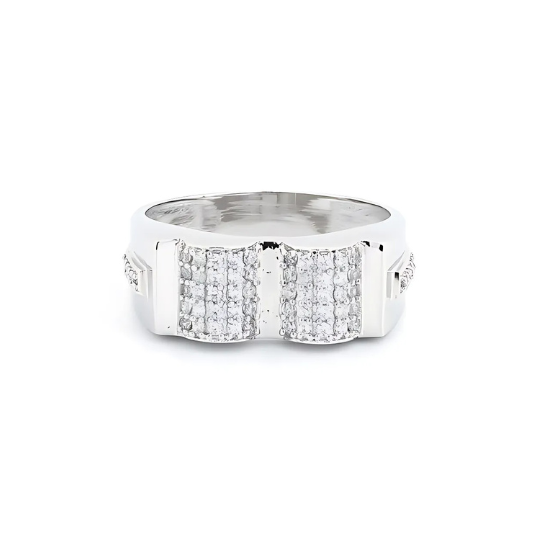 Men's silver ring with elegant V-shaped and circular motif design
