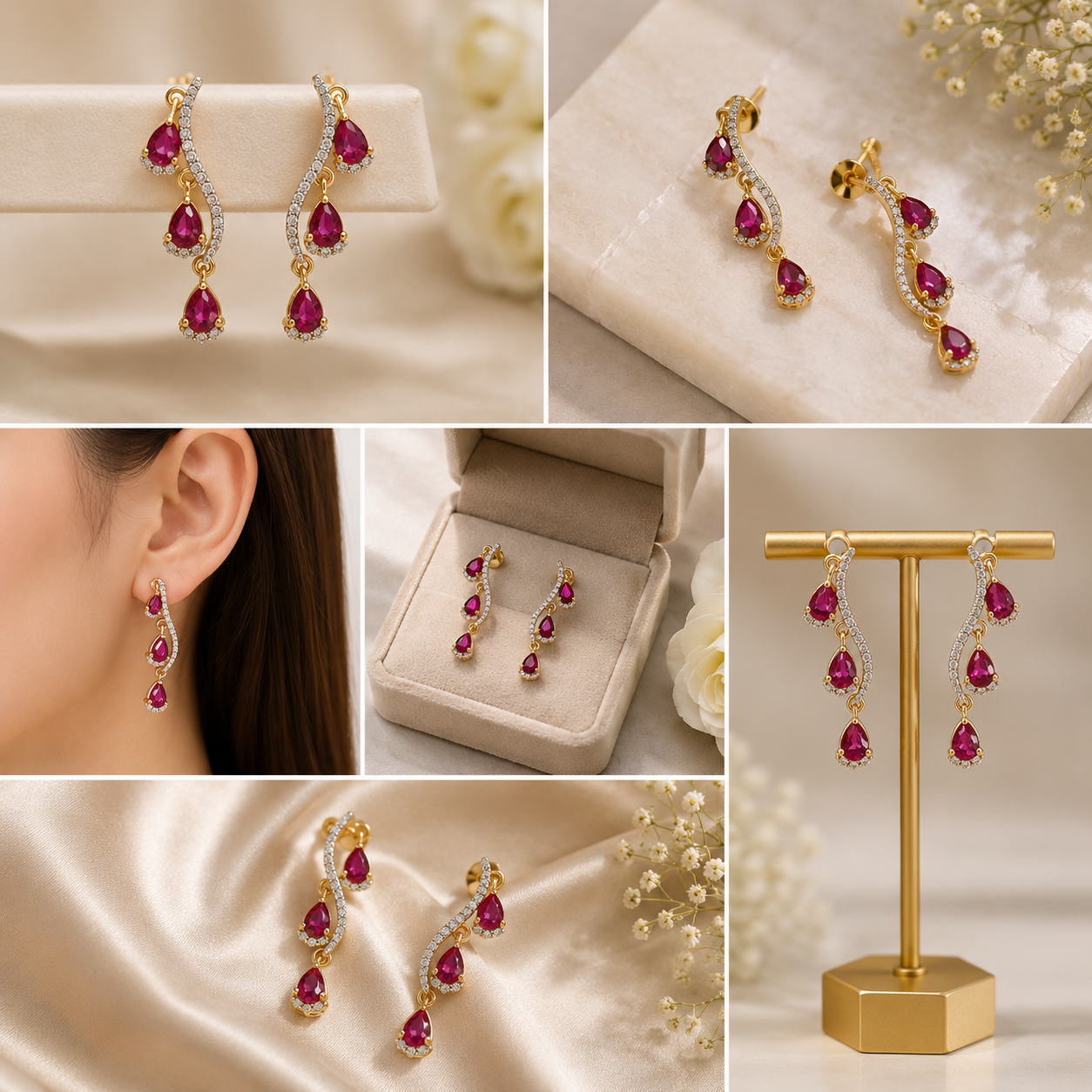 Regal Ruby Cascade Wave Drop Earrings